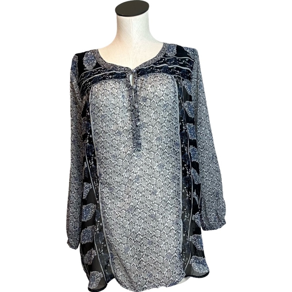 Lucky Brand Sheer Blue Floral 3/4 Sleeve Blouse, size XL